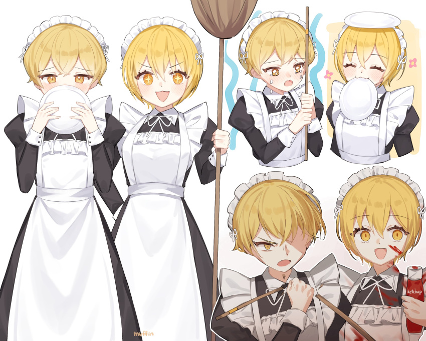 1boy 1girl :3 apron black_dress blonde_hair blush broom crying don_quixote_(limbus_company) dress highres holding holding_broom holding_plate juliet_sleeves ketchup limbus_company long_sleeves love_mintchoco maid maid_headdress mouth_hold multiple_views on_head open_mouth otoko_no_ko plate project_moon puffy_sleeves ribbon short_hair sinclair_(limbus_company) sleeve_cuffs smile sparkling_eyes white_apron white_ribbon yellow_eyes