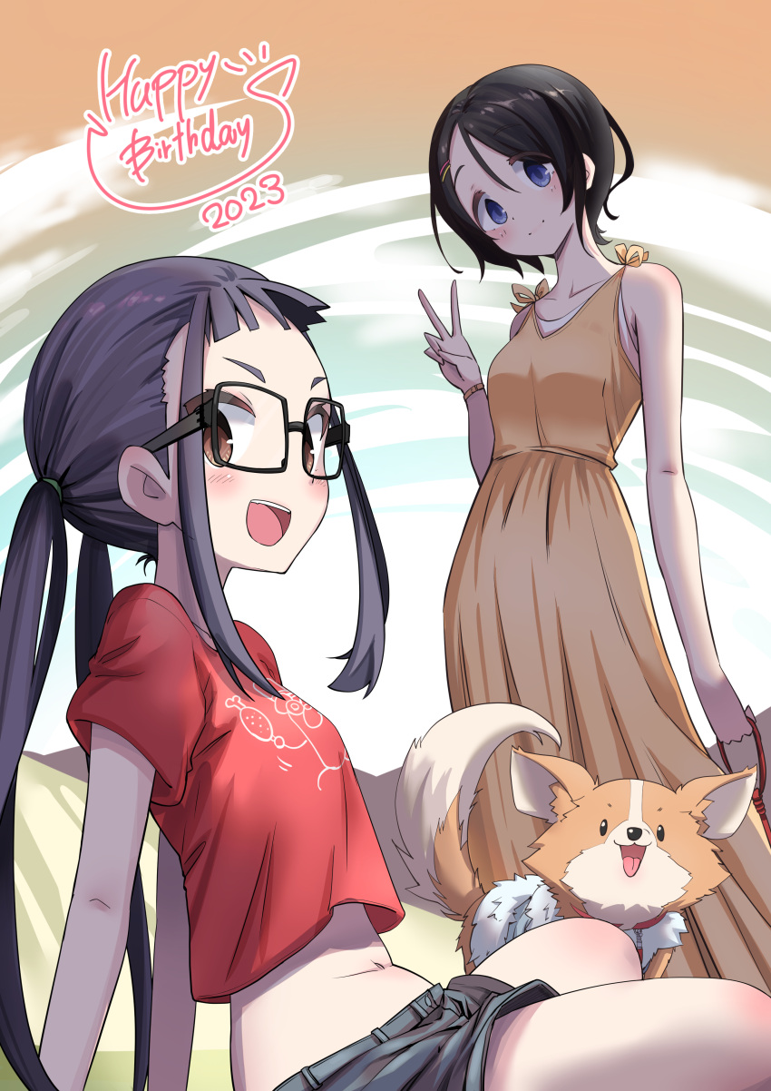 2girls absurdres animal black-framed_eyewear black_hair black_shorts blue_eyes blush brown_eyes chikuwa_(yurucamp) closed_mouth collarbone dog dress glasses hair_ornament hairclip highres long_hair multiple_girls n2midori oogaki_chiaki open_mouth orange_dress red_shirt saitou_ena shirt short_hair short_shorts short_sleeves shorts smile twintails yurucamp