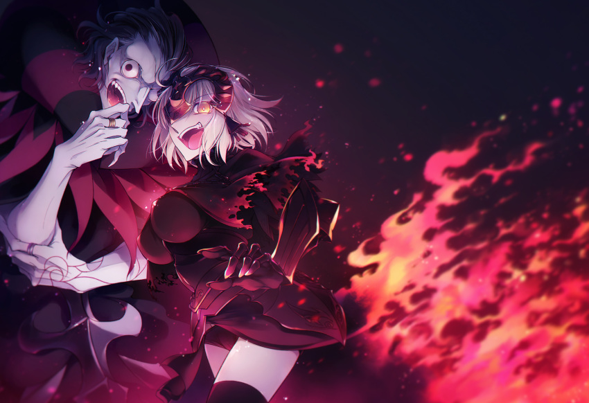 1boy 1girl 2gno082 black_hair blonde_hair blue_eyes breasts evil_grin evil_smile fate/grand_order fate_(series) feet_out_of_frame fire gilles_de_rais_(caster)_(fate) grin hair_between_eyes highres jeanne_d'arc_(fate) jeanne_d'arc_(ruler)_(fate) jeanne_d'arc_alter_(avenger)_(fate) jeanne_d'arc_alter_(fate) large_breasts large_hands leaning_forward light_particles looking_at_viewer pyrokinesis short_hair smile thighs yellow_eyes