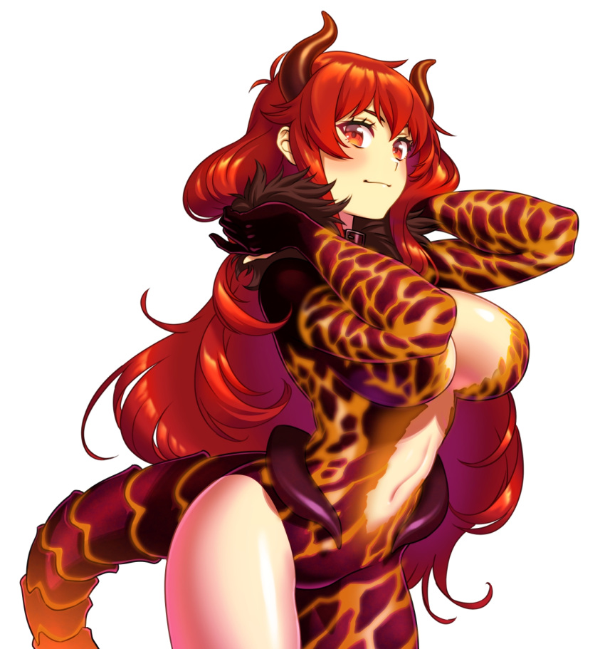 1girl blush breasts choker cleavage clothing_cutout dola_(nijisanji) dragon_girl dragon_horns dragon_tail highres horns large_breasts long_hair looking_at_viewer magari_(c0rn3r) molten_rock nijisanji red_eyes red_hair simple_background solo tail very_long_hair virtual_youtuber white_background