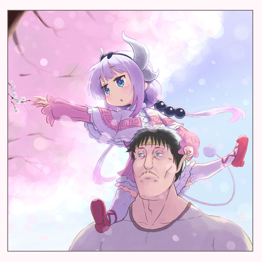 1boy 1girl :o absurdres beads black_bow black_hair blue_eyes blunt_bangs blush border bow bow_hairband capelet cherry_blossoms commentary_request dragon_girl dragon_horns dragon_tail dress facial_hair father_and_daughter female_child frilled_capelet frills full_body fur-trimmed_capelet fur_trim hair_beads hair_ornament hairband hand_on_another's_ear highres horns kanna_kamui kimun_kamui kobayashi-san_chi_no_maidragon long_sleeves low_twintails mustache open_mouth outstretched_arm pink_dress puffy_long_sleeves puffy_sleeves purple_hair red_footwear shingen318 shirt shoes short_dress short_hair tail thighhighs twintails upper_body white_border white_shirt white_thighhighs