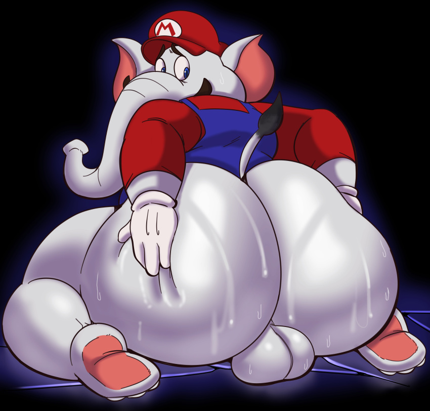 absurd_res anthro balls big_butt blue_eyes bodily_fluids bottomless butt clothed clothing elephant elephant_mario elephantid embarrassed facial_hair genitals gloves grey_body handwear hi_res looking_back male mammal mario mario_bros mustache nintendo proboscidean proboscis_(anatomy) solo super_mario_wonder sweat trunk_(anatomy) wit_1