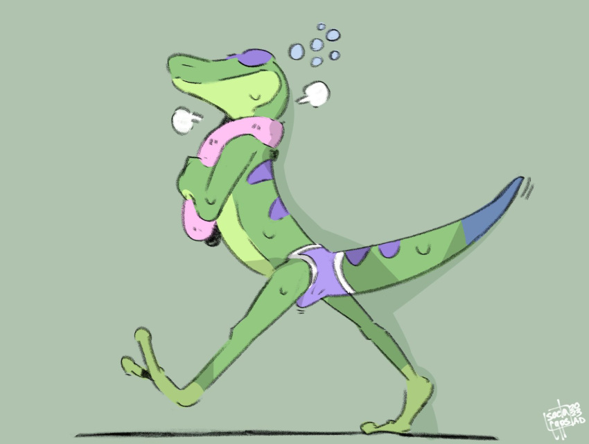 anthro casual_erection clothed clothing digital_media_(artwork) erection erection_under_clothing eyes_closed gecko gex_(series) gex_the_gecko green_body lizard male reptile scalie signature simple_background sodacaps solo tail towel towel_around_neck underwear walking wet