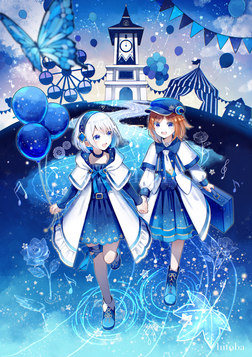 2girls :d absurdres artist_name balloon blue_dress blue_eyes blue_footwear blue_theme boots briefcase brown_hair bug butterfly circus_tent cloak clock clock_tower crescent crescent_hat_ornament crescent_print dress ferris_wheel flower gears hairband hat hat_ornament highres hitoba holding holding_balloon holding_briefcase holding_hands hood hooded_cloak leaf looking_at_another maple_leaf multiple_girls musical_note necktie original promotional_art rose smile star_(symbol) star_print string_of_flags tower treble_clef white_cloak white_necktie