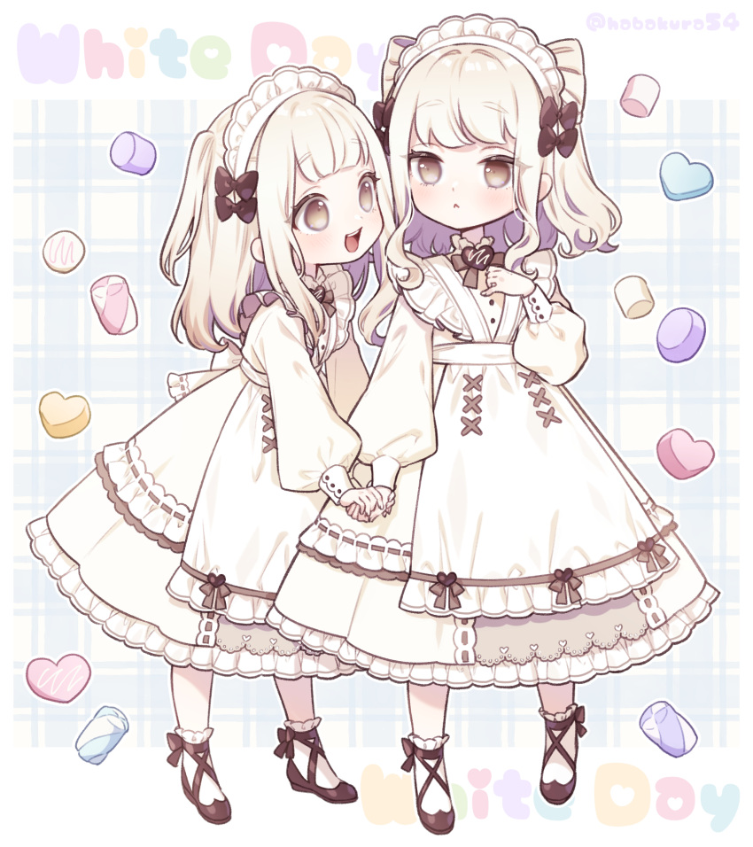 2girls :&lt; apron black_bow black_footwear blush bobby_socks bow bowtie brown_eyes child dress food full_body goshi-san hair_bow highres holding_hands long_hair long_sleeves looking_at_another maid maid_headdress marshmallow multiple_girls open_mouth original siblings sisters smile socks twins two_side_up white_apron white_day white_dress white_hair white_socks