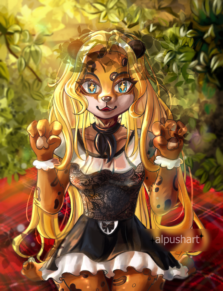 absurd_res alpushart anthro blonde_hair clothed clothing costume digital_drawing_(artwork) digital_media_(artwork) digitigrade dress eye_contact felid female feral fur hair hi_res housemaid kneeling leopard looking_at_another mammal open_mouth pantherine pawpads paws plant portrait solo spots spotted_body spotted_fur tree yellow_body yellow_fur