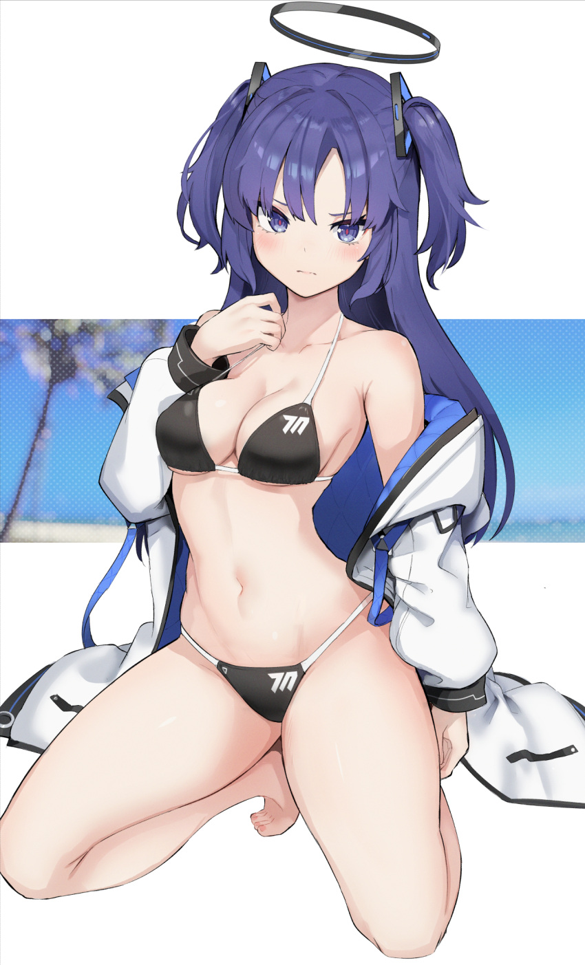 1girl bikini black_bikini blue_archive blue_eyes blush breasts halo highres isegawa_yasutaka jacket jacket_partially_removed long_hair looking_at_viewer medium_breasts off_shoulder open_clothes open_jacket parted_bangs purple_eyes purple_hair simple_background solo swimsuit two-sided_fabric two-sided_jacket two_side_up yuuka_(blue_archive)