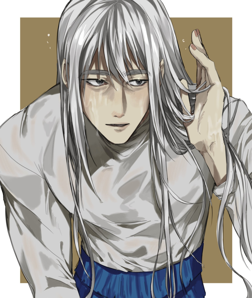 1boy blue_pants brown_background grey_eyes hair_between_eyes highres hunter_x_hunter kite_(hunter_x_hunter) long_hair long_sleeves looking_to_the_side male_focus money_health pants shirt solo very_long_hair washing washing_face white_hair white_shirt