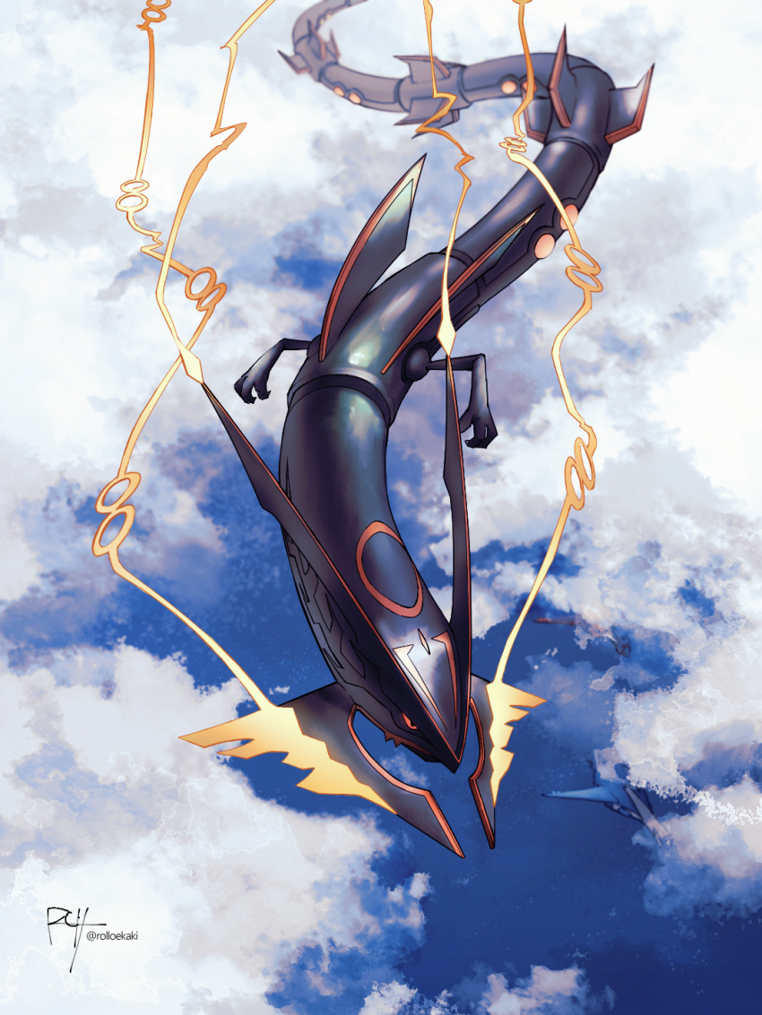 above_clouds alternate_color black_sclera claws cloud colored_sclera commentary_request dragon eastern_dragon flying highres horns mega_pokemon mega_rayquaza no_humans outdoors pokemon pokemon_(creature) rayquaza red_eyes rolloekaki shiny_pokemon signature solo watermark