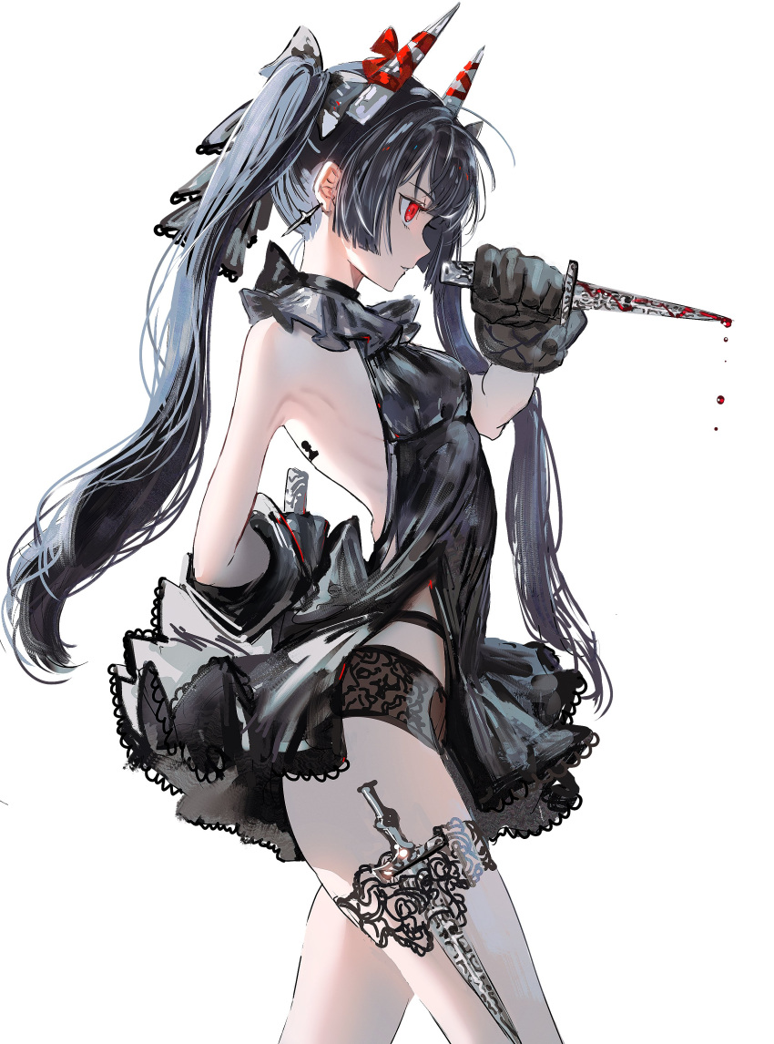 1girl absurdres arched_back arm_behind_back back_tattoo black_bow black_dress black_gloves black_hair blood blood_drop blood_on_knife bow breasts bridal_garter chess_piece collar cowboy_shot dress dual_wielding english_commentary frilled_collar frills from_side garter_belt gawako gloves hair_bow highres holding holding_knife horn_bow horn_ornament horns knife long_hair original parted_lips pawn_(chess) red_bow red_eyes simple_background small_breasts smile solo sparkle_earrings tattoo twintails very_long_hair weapon_in_garters white_background