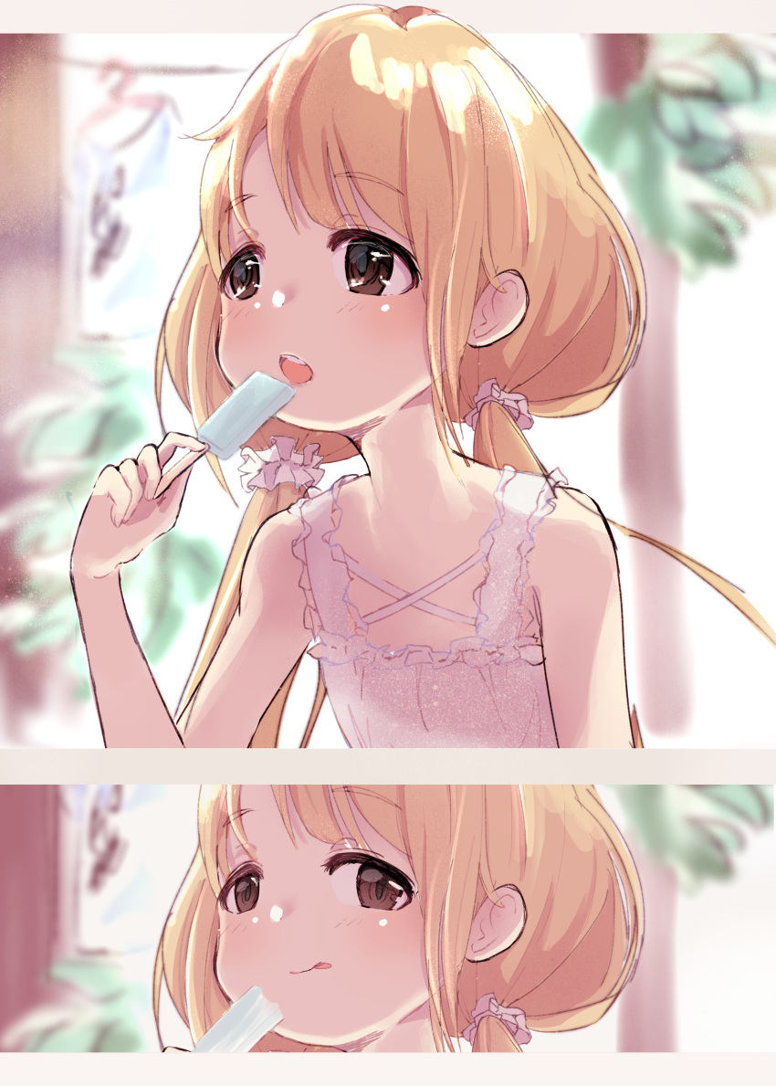 1girl absurdres bare_shoulders blonde_hair blush dress eating flat_chest food futaba_anzu hair_ornament hair_scrunchie highres holding holding_food holding_ice_cream ice_cream ice_cream_bar idolmaster idolmaster_cinderella_girls imakooo5 long_hair looking_at_viewer multiple_views pink_dress scrunchie sleeveless sleeveless_dress smile teeth tongue tongue_out twintails upper_teeth_only very_long_hair