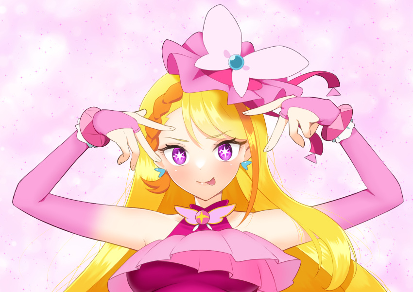 1girl absurdres blonde_hair brooch butterfly_earrings butterfly_hat cure_butterfly earrings highres hijiri_ageha hirogaru_sky!_precure hoshino_ai's_pose jewelry long_hair looking_at_viewer magical_girl midriff on_kazu oshi_no_ko pink_background pink_headwear pose_imitation precure purple_eyes smile solo star-shaped_pupils star_(symbol) symbol-shaped_pupils upper_body very_long_hair wing_brooch wing_hair_ornament