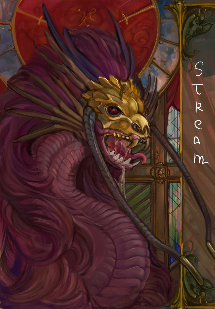 abstract_background ambiguous_gender angry art_nouveau baroque bone classical demon diorionarh dragon fangs feral gold_headwear hair hi_res horn horror_(theme) mythological_creature mythology ornament painting red_body renaissance scalie skull skull_head solo teeth tongue tongue_out victorian window