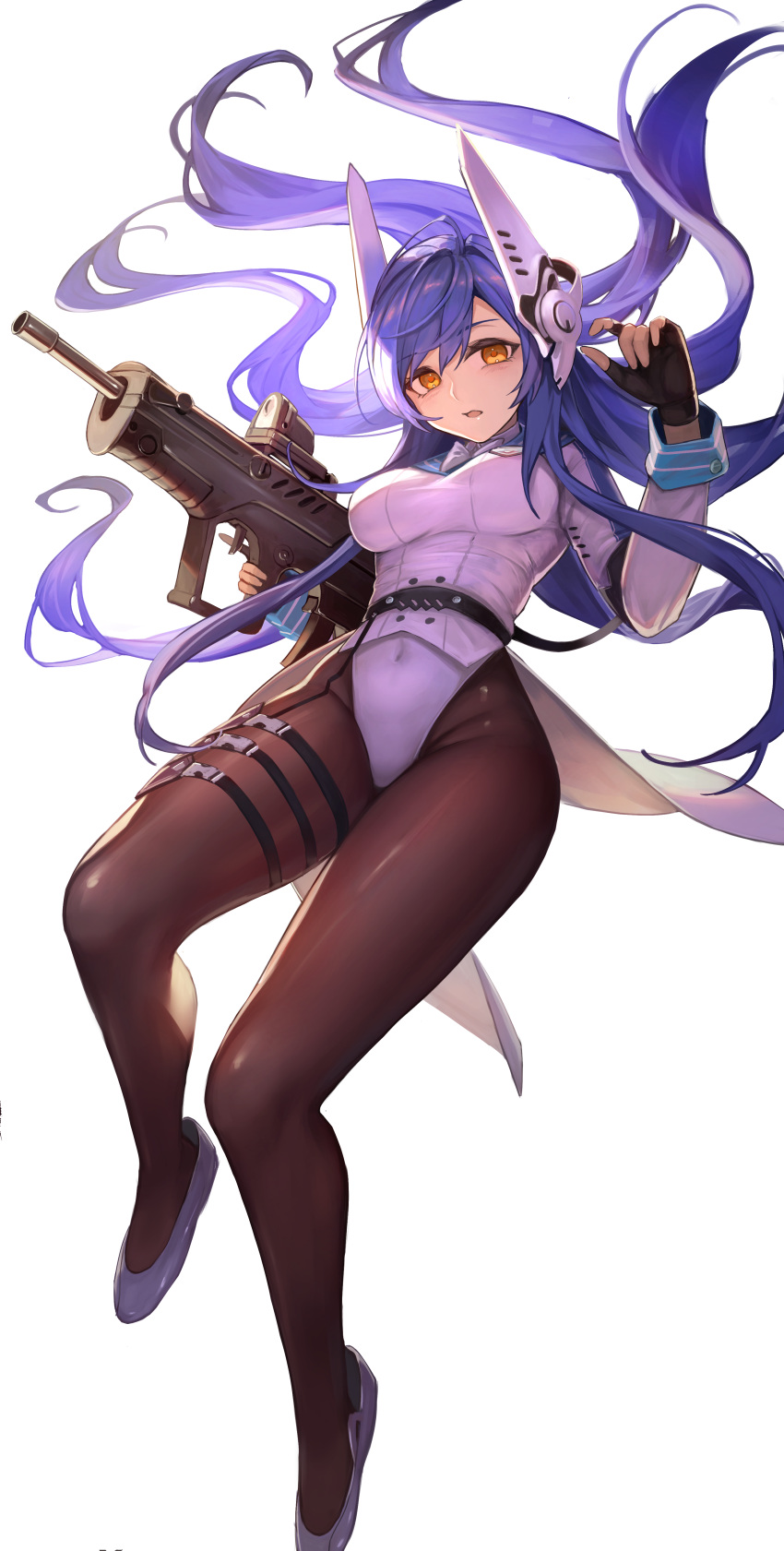 1girl absurdres assault_rifle black_gloves black_pantyhose blue_hair breasts bullpup commission cropped_jacket fingerless_gloves girls'_frontline gloves gun hakusyokuto highres holding holding_gun holding_weapon iwi_tavor leotard long_hair long_sleeves medium_breasts pantyhose rifle robot_ears scope shoes simple_background skeb_commission solo tar-21_(girls'_frontline) thigh_strap weapon white_background white_footwear white_leotard yellow_eyes