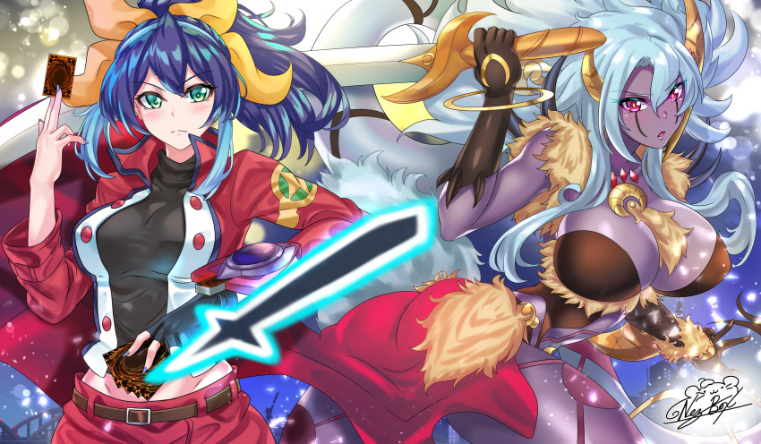 2girls absurdres belt blue_hair breasts card card_between_fingers cleavage colored_skin duel_academy_uniform_(yu-gi-oh!_arc-v) duel_disk duel_monster fingerless_gloves frown gloves green_eyes highres holding holding_card holding_sword holding_weapon jacket large_belt large_breasts long_hair lunalight_leo_dancer multiple_girls nez-box open_clothes open_jacket open_mouth purple_skin red_eyes serena_(yu-gi-oh!) signature single_glove sword weapon yu-gi-oh! yu-gi-oh!_arc-v