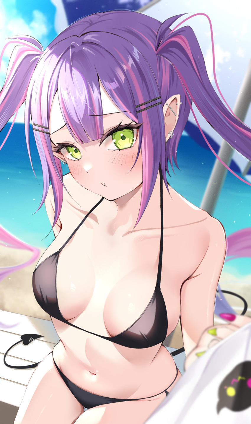 1girl absurdres bare_shoulders bikini black_bikini blush breasts cleavage collarbone colored_inner_hair commentary commentary_request demon_tail ear_piercing green_eyes hair_ornament hairclip halterneck highres hololive long_hair looking_at_viewer medium_breasts mogmog_megmog multicolored_hair navel open_mouth piercing pink_hair pointy_ears pout purple_hair side-tie_bikini_bottom solo streaked_hair string_bikini swimsuit tail tail_ornament tail_piercing tokoyami_towa twintails virtual_youtuber