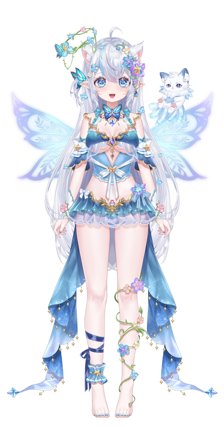 +_+ 1girl :d absurdres ahoge animal_ear_fluff animal_ears bare_shoulders barefoot bikini bikini_skirt blue_bikini blue_butterfly blue_corset blue_eyes blue_flower blue_nails blue_ribbon blue_skirt blue_wings breasts bug butterfly butterfly_hair_ornament cat cleavage corset creature crown_of_thorns detached_sleeves extra_ears fairy_wings fangs feet flower frilled_bikini frills full_body grey_hair hair_between_eyes hair_flower hair_ornament highres leg_ribbon legs long_hair looking_at_viewer medium_breasts nail_polish navel official_art one_side_up oumohu_taozi plant pointy_ears purple_flower ribbon short_sleeves single_wrist_cuff skirt smile solo standing star_(symbol) star_hair_ornament stardust_project stomach swimsuit tachi-e taodi_yao teeth toenail_polish toenails toes tongue transparent_background underboob very_long_hair vine_on_leg vines virtual_youtuber white_cat wings wrist_cuffs yellow_flower