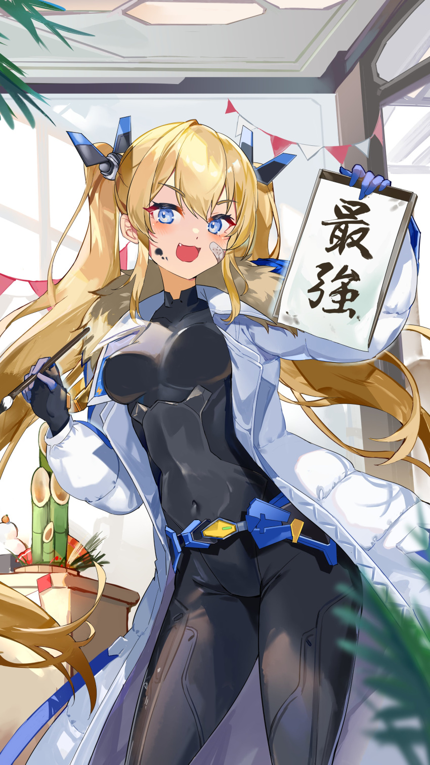 1girl absurdres armored_bodysuit bandaid bandaid_on_cheek bandaid_on_face black_bodysuit blonde_hair blue_eyes bodysuit breasts coat fang fur_collar fur_trim goddess_of_victory:_nikke headgear highres jacket karasu_btk laplace_(nikke) long_hair looking_at_viewer open_mouth paintbrush sidelocks smile solo translation_request twintails two-tone_gloves white_coat