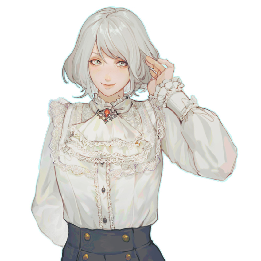 1girl ascot ashley_graham black_skirt bob_cut chest_jewel frilled_shirt frills grey_eyes hand_in_own_hair long_sleeves looking_at_viewer official_alternate_costume renshena resident_evil resident_evil_4 resident_evil_4_(remake) shirt short_hair skirt smile solo swept_bangs upper_body white_ascot white_background white_hair white_shirt