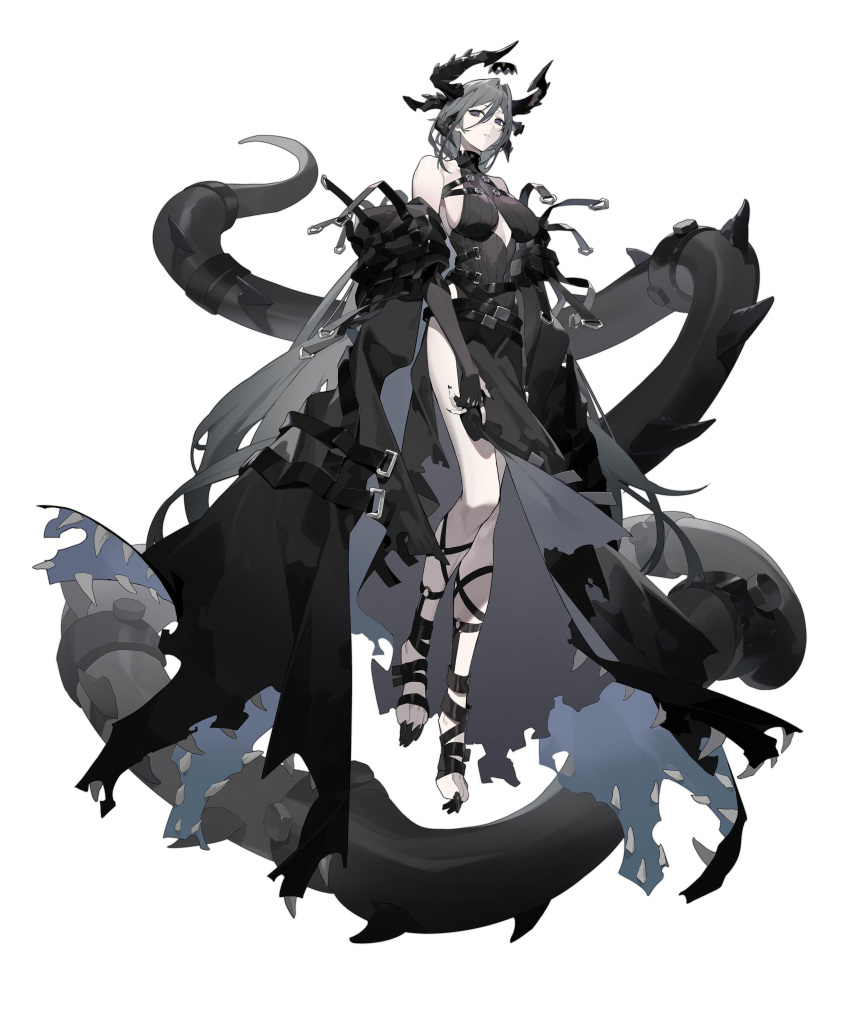 1girl absurdres animal_feet black_bridal_gauntlets black_cloak black_dress black_nails cloak cross-laced_clothes cross-laced_legwear dragon_tail dress fingernails full_body grey_hair hair_between_eyes highres horizontal_pupils horns long_fingernails long_hair long_toenails looking_at_viewer nori_tamahana original parted_bangs sidelocks sleeveless sleeveless_dress slit_pupils standing tail toenails very_long_hair white_background