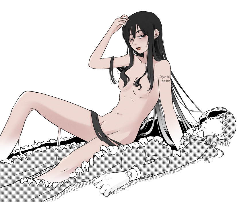 1girl black_eyes black_hair breasts commentary_request completely_nude ear_piercing earrings hair_censor hair_over_breasts highres jewelry navel nude original piercing pink_mousse ponytail shoulder_tattoo small_breasts suit tattoo watch wristwatch