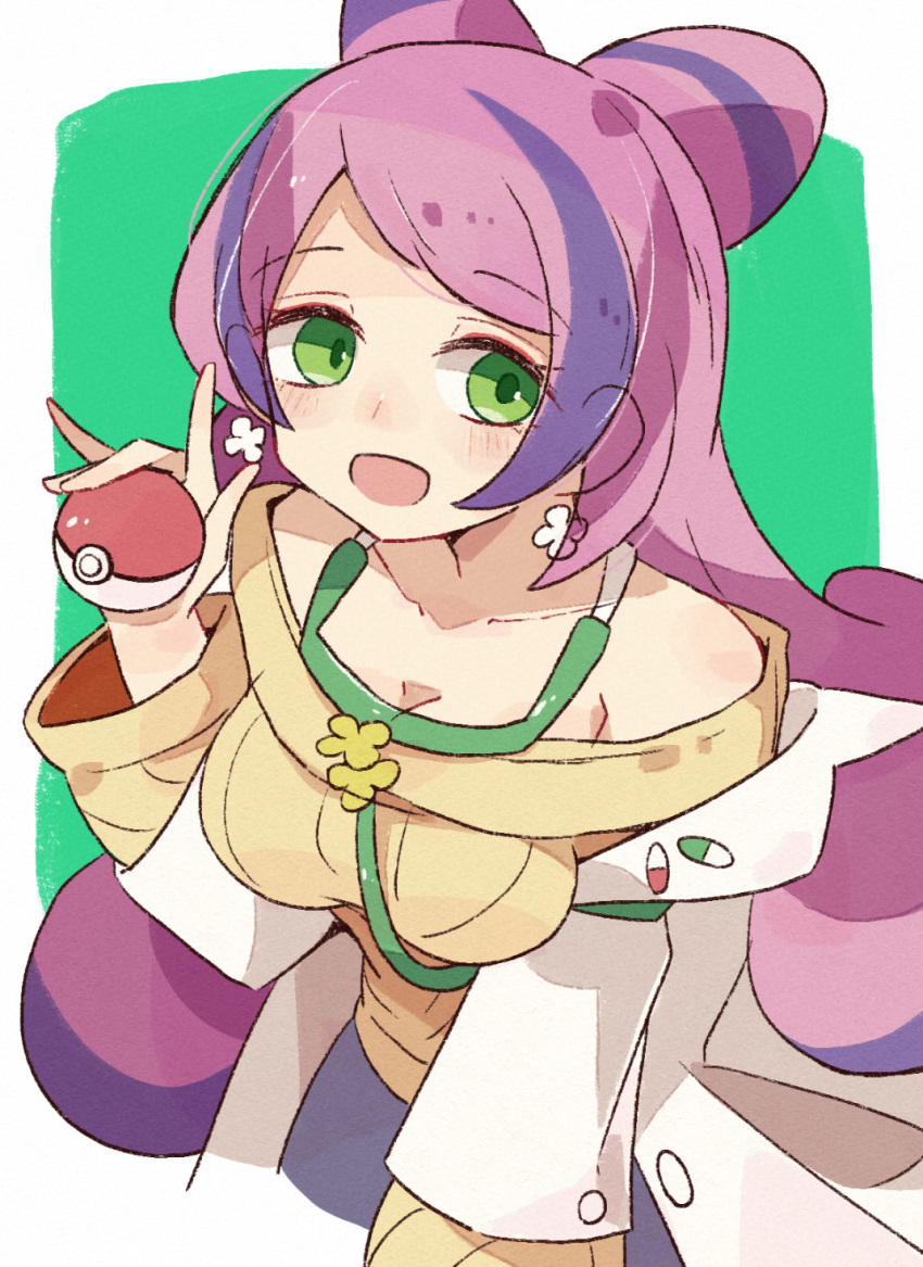 1girl bare_shoulders breasts cleavage collarbone earrings flower_earrings green_eyes highres holding holding_poke_ball jewelry lab_coat large_breasts long_hair long_sleeves minoru_minoru miriam_(pokemon) multicolored_hair off-shoulder_sweater off_shoulder pink_hair poke_ball poke_ball_(basic) pokemon pokemon_(game) pokemon_sv purple_hair purple_skirt school_nurse skirt solo stethoscope streaked_hair sweater swept_bangs two-tone_hair yellow_nails yellow_sweater