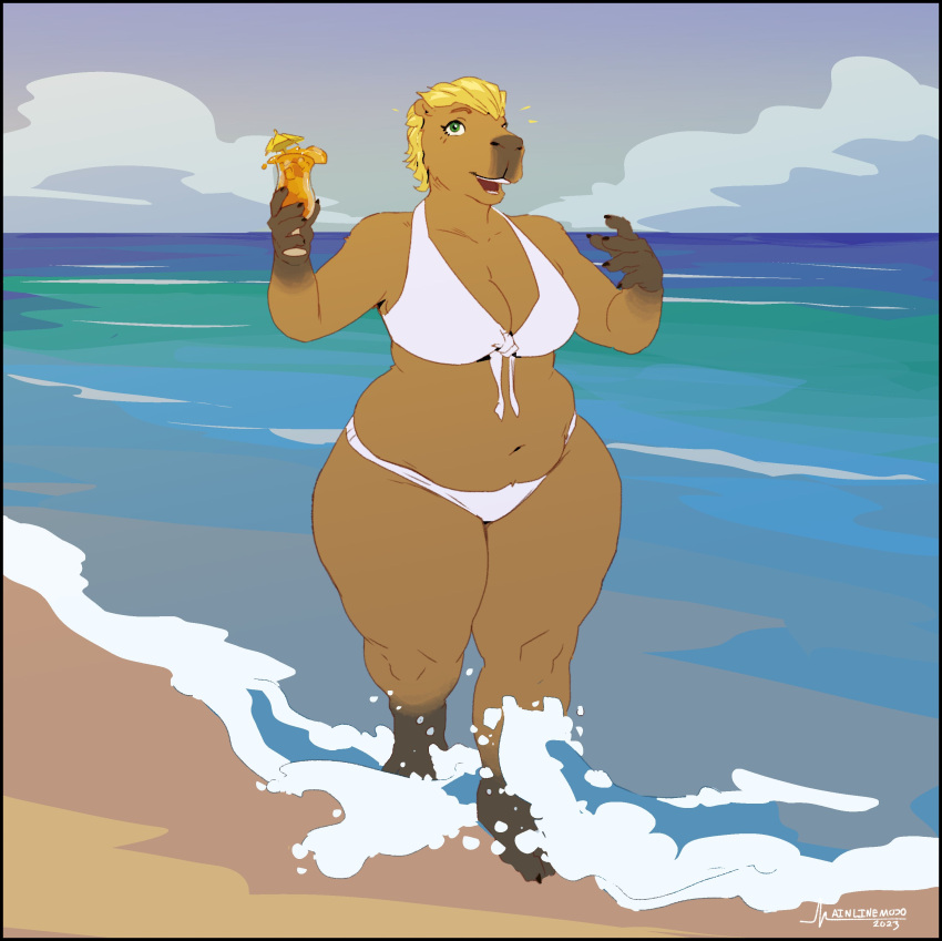 2023 5_fingers absurd_res anthro beach beverage big_breasts bikini breasts brown_body brown_fur capybara caviid clothed clothing curvy_figure day female fingers full-length_portrait fur greasymojo green_eyes hair hi_res huge_breasts mammal multicolored_body multicolored_fur navel open_mouth outside portrait rodent seaside signature slightly_chubby solo standing swimwear tan_body tan_fur thick_thighs two_tone_body two_tone_fur voluptuous wide_hips