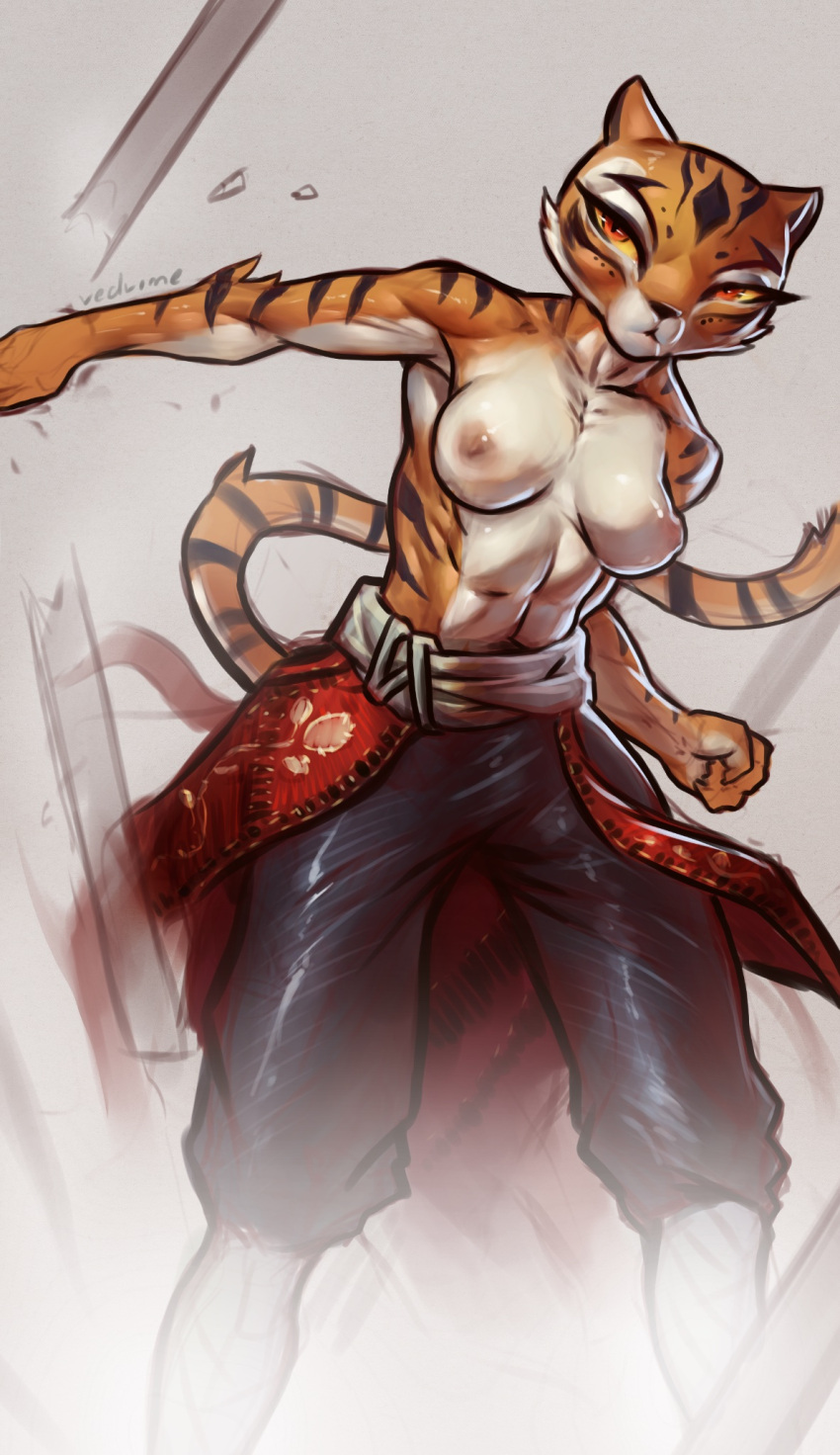 anthro belt big_breasts bottomwear breasts clothed clothing dreamworks felid female hi_res kung_fu_panda mammal master_tigress muscular muscular_female nipples pantherine pants redrime solo stripes tiger topless topless_female yellow_sclera