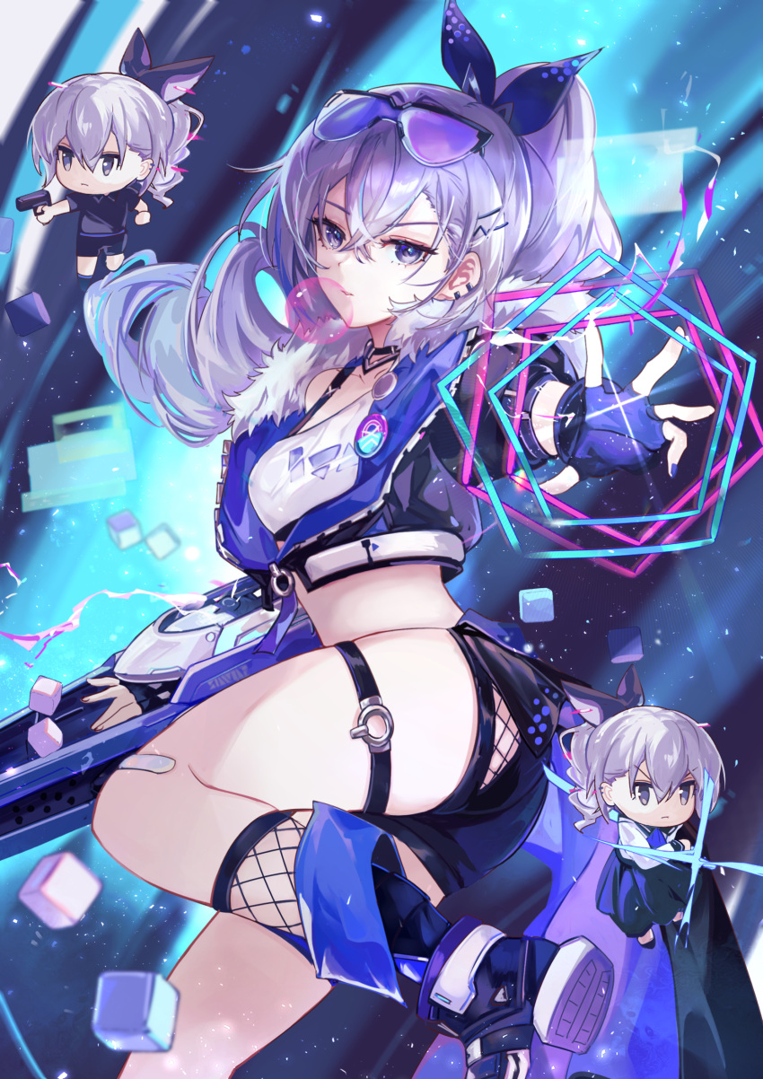 1girl absurdres black_gloves black_shorts bubble_blowing commentary_request crop_top drill_ponytail eyewear_on_head fingerless_gloves foot_out_of_frame foot_up gloves hair_ornament hairclip highres honkai:_star_rail honkai_(series) jacket long_hair looking_at_viewer purple-tinted_eyewear purple_eyes purple_footwear purple_hair purple_jacket shorts silver_wolf_(honkai:_star_rail) solo thigh_strap tinted_eyewear vardan