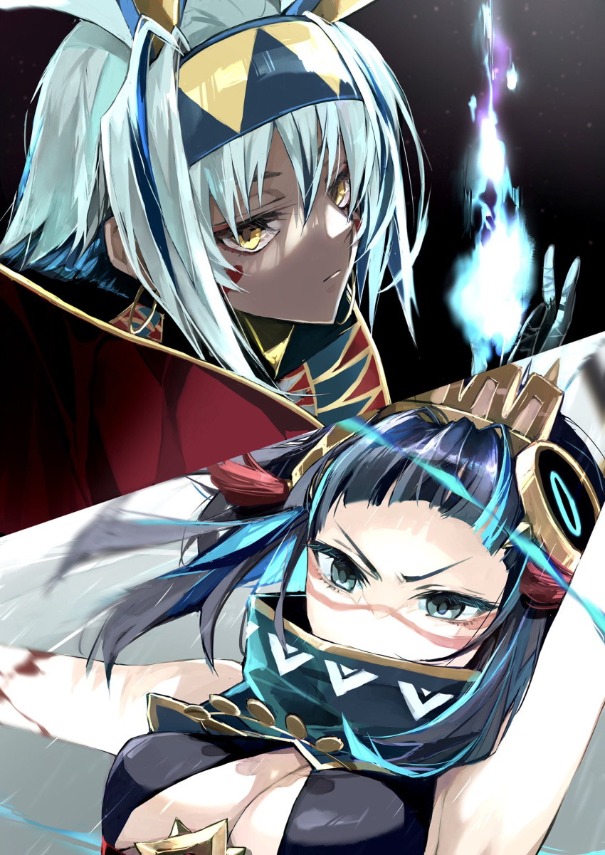 2girls animal_ears ankh antenna_hair arm_up bandages bare_shoulders black_bandages black_hair blood blood_on_hands blue_fire blue_hair breasts cleavage colored_inner_hair dark-skinned_female dark_skin detached_collar earrings facepaint facial_mark fate/grand_order fate_(series) feathers fire grey_eyes hairband halterneck headdress high_collar highres hoop_earrings jackal_ears jewelry kino_kokko medium_breasts multicolored_hair multiple_girls nitocris_(fate) nitocris_alter_(fate) short_hair sidelocks streaked_hair tassel tenochtitlan_(fate) usekh_collar white_hair yellow_eyes