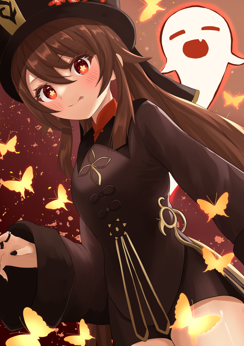 1girl absurdres black_coat black_headwear black_nails black_shorts blush boo_tao_(genshin_impact) breasts brown_hair bug butterfly coat coattails fingernails flower genshin_impact ghost hair_between_eyes hat hat_flower highres hu_tao_(genshin_impact) long_hair long_sleeves looking_at_viewer nail_polish onabe_no_shime plum_blossoms red_eyes shorts small_breasts smile solo split_mouth symbol-shaped_pupils thighs tongue tongue_out twintails very_long_hair