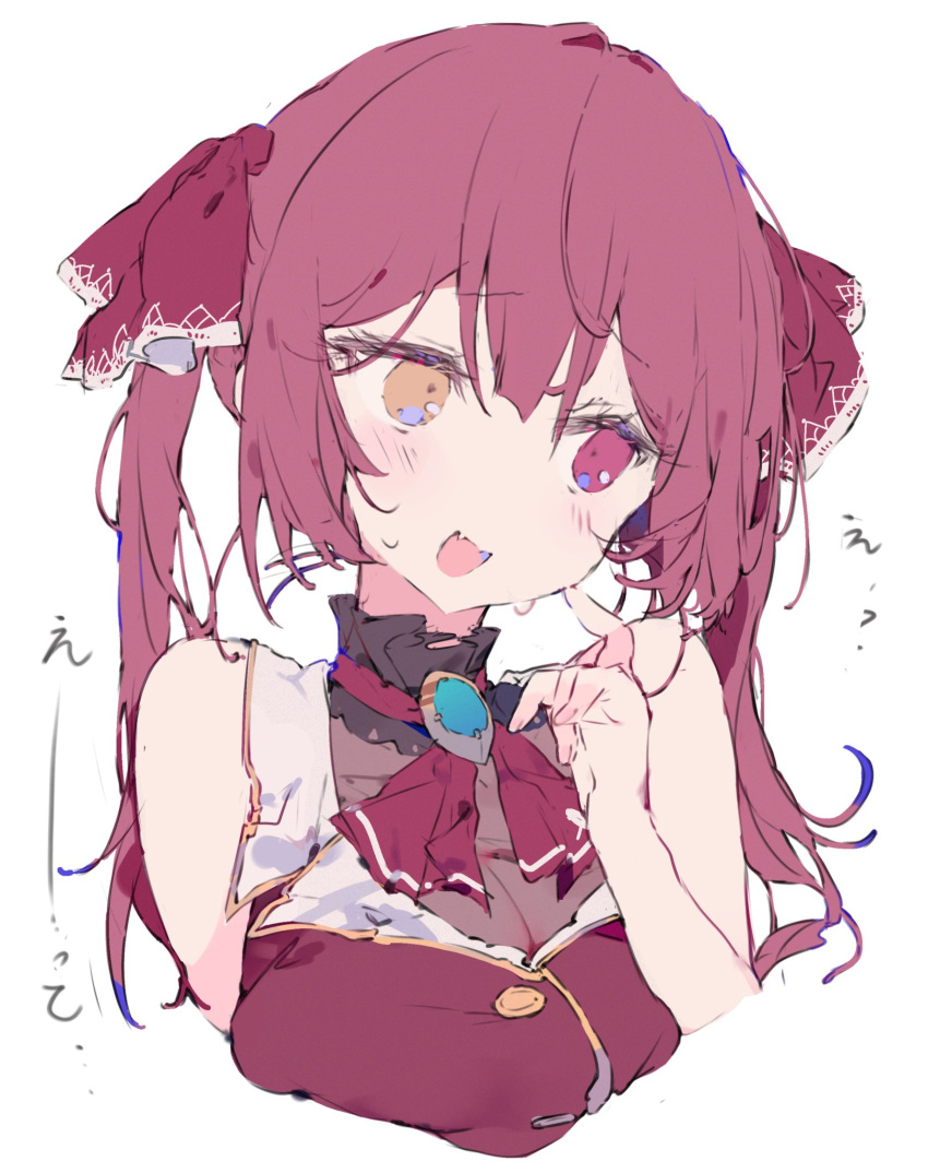 1girl ascot bare_shoulders blush breasts cleavage cropped_shoulders hair_between_eyes hair_ribbon heterochromia highres hololive houshou_marine long_hair o_(jshn3457) open_mouth orange_eyes red_ascot red_eyes red_hair red_ribbon ribbon sidelocks simple_background sleeveless solo sweat twintails upper_body virtual_youtuber white_background