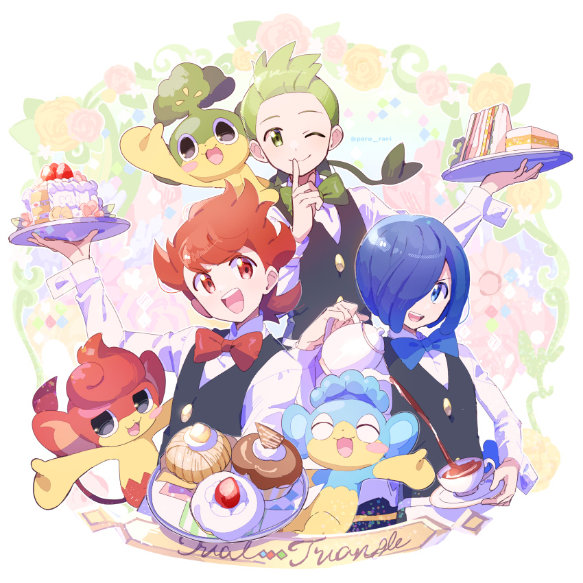 3boys :d ;) absurdres black_vest blue_bow blue_bowtie blue_eyes blue_hair blush_stickers bow bowtie brothers buttons cake chili_(pokemon) cilan_(pokemon) closed_mouth commentary_request cress_(pokemon) cup cupcake food green_bow green_bowtie green_eyes green_hair hair_over_one_eye highres holding holding_plate index_finger_raised long_sleeves male_focus multiple_boys one_eye_closed open_mouth panpour pansage pansear paru_rari plate pokemon pokemon_(creature) pokemon_(game) pokemon_bw red_bow red_bowtie red_eyes red_hair sandwich saucer shirt short_hair siblings smile tea teacup teeth tongue upper_teeth_only vest white_shirt