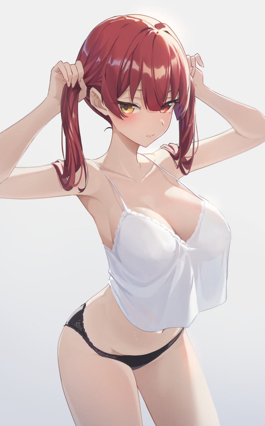 1girl arms_up black_panties breasts camisole closed_mouth collarbone cowboy_shot crop_top crop_top_overhang heterochromia highres hololive houshou_marine large_breasts long_hair navel panties red_eyes red_hair reulem solo stomach strap_gap thighs twintails underwear underwear_only virtual_youtuber white_camisole yellow_eyes