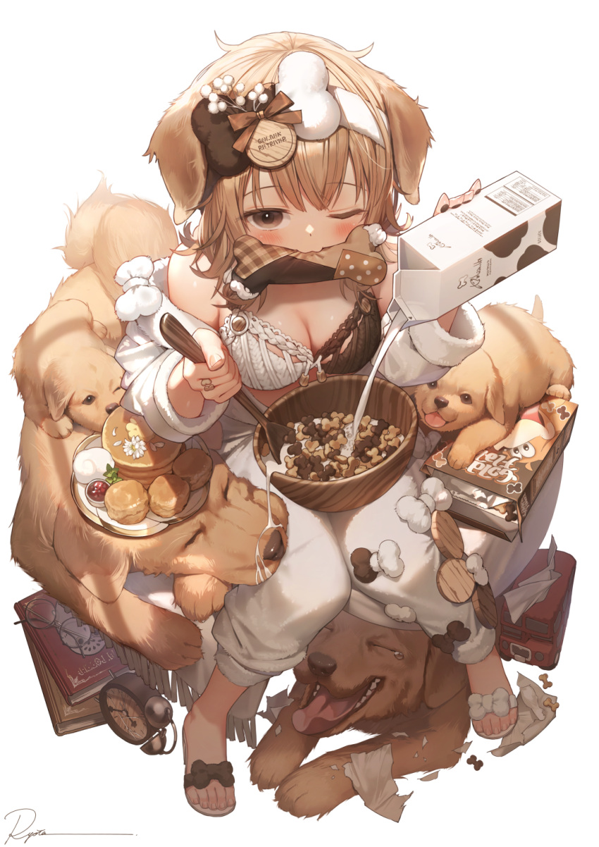 1girl animal_ears artist_name blush breasts brown_eyes cleavage commentary dog_ears highres holding_carton large_breasts light_brown_hair looking_at_viewer milk_carton mouth_hold one_eye_closed original pants ryota_(ry_o_ta) sandals short_hair signature simple_background solo spoon symbol-only_commentary white_background white_pants wooden_spoon