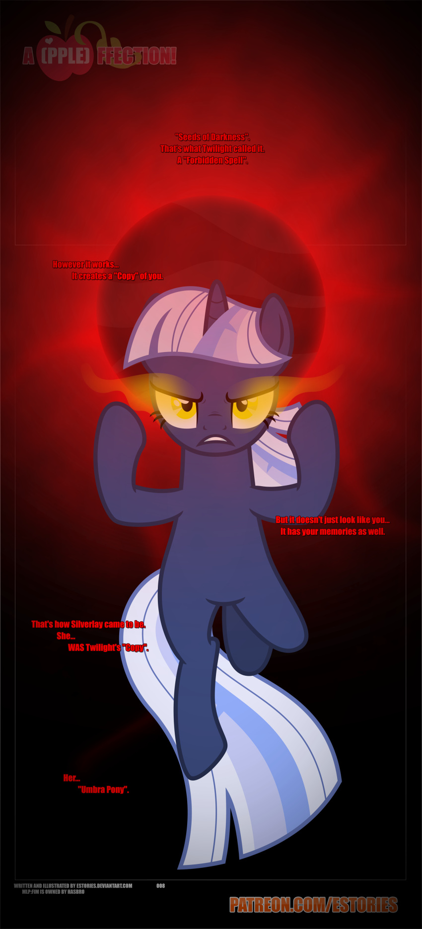 absurd_res bangs black_background character_narrating dialogue equid equine estories female feral friendship_is_magic frown glowing glowing_eyes hasbro hi_res horn mammal my_little_pony no_cutiemark offscreen_character orb red_glow silverlay_(estories) simple_background solo text unicorn url yellow_eyes yellow_glow