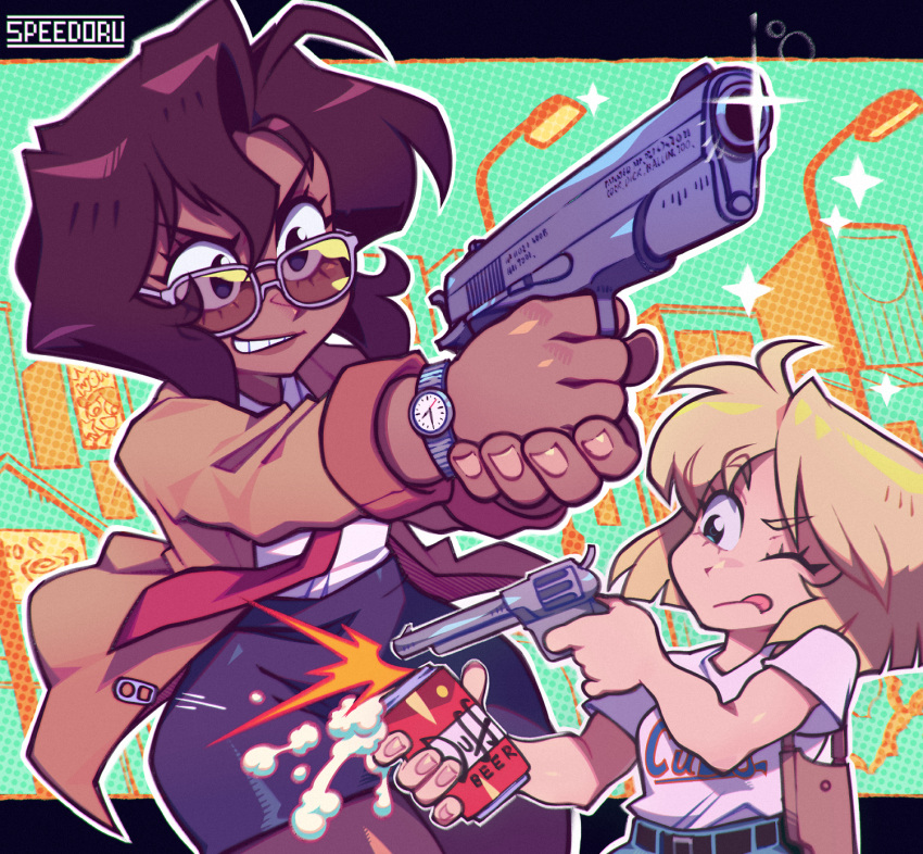 2girls beer_can blonde_hair breasts brown_hair can dark-skinned_female dark_skin duff_beer gun gunsmith_cats highres holding holding_gun holding_weapon lamppost minnie_may_hopkins multiple_girls necktie one_eye_closed outdoors rally_vincent speedoru sunglasses the_simpsons tongue tongue_out watch weapon wristwatch