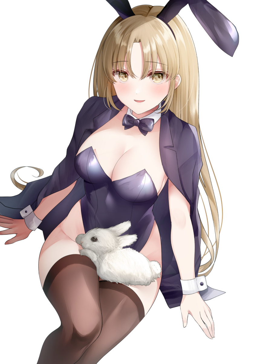 1girl animal_ears animal_on_lap black_bow black_bowtie black_hairband black_jacket black_leotard black_thighhighs blonde_hair bow bowtie breasts brown_eyes brown_thighhighs bunny_day choppy_bangs cleavage detached_collar fake_animal_ears groin hairband highleg highleg_leotard highres invisible_chair jacket jacket_on_shoulders kurage_cc large_breasts leotard light_blush light_brown_hair long_hair looking_at_viewer nervous_smile nijisanji on_lap open_clothes open_jacket parted_bangs parted_hair parted_lips playboy_bunny rabbit rabbit_ears sister_cleaire sitting smile solo straight_hair strapless strapless_leotard thighhighs very_long_hair virtual_youtuber white_background wing_collar wrist_cuffs yellow_eyes