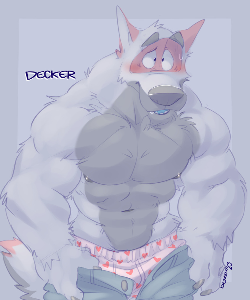 &lt;3 2023 abs anthro arm_tuft big_nose black_eyes blue_mouth blush bodily_fluids bottomwear boxer_briefs boxers_(clothing) canid canine canis caught_off_guard cheek_tuft claws clothed clothing countershade_face countershade_fur countershade_neck countershade_tail countershade_torso countershading digital_drawing_(artwork) digital_media_(artwork) e-w01f elbow_tuft eyebrows facial_markings facial_tuft fluffy fluffy_tail front_view fur grey_background grey_body grey_countershading grey_fur grey_nipples head_markings heart_underwear hi_res holding_bottomwear holding_clothing holding_object holding_pants looking_at_viewer male mammal markings mask_(marking) multicolored_body multicolored_fur muscular muscular_anthro muscular_male navel nipples pants pecs polka_dot_underwear raised_eyebrow red_ears shoulder_tuft signature simple_background solo sweat sweatdrop tail text thick_neck toony toony_expression toony_eyes topless tuft two_tone_body two_tone_fur unbuttoned_pants unbuttoned_shorts underwear wolf wrist_tuft