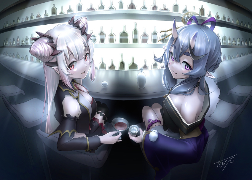 2girls absurdres alcohol bar_(place) bar_stool bare_shoulders between_breasts black_choker black_hair black_thighhighs black_vest blue_hair breasts choker choko_(cup) closed_mouth cocktail_glass commentary_request cone_hair_bun cropped_vest crossed_bangs cup detached_sleeves double_bun drinking_glass fang fang_out fisheye from_side fur-trimmed_kimono fur_trim gradient_horns grey_hair hair_between_eyes hair_bun headgear highres honey_strap horns indie_virtual_youtuber japanese_clothes kimono leg_ribbon long_hair long_sleeves looking_at_viewer looking_to_the_side medium_breasts mole mole_under_mouth multicolored_hair multicolored_horns multiple_girls nanashi_inc. nijisanji off_shoulder on_stool oni_horns open_mouth pink_hair pointy_ears pom_pom_(clothes) purple_eyes purple_horns purple_kimono ribbon rindou_mikoto rindou_mikoto_(1st_costume) sake short_hair_with_long_locks short_kimono side_up_bun sidelocks signature sitting skin-covered_horns skin_fang sleeve_cuffs smile stool streaked_hair suou_patra thick_eyebrows thigh_ribbon thigh_strap thighhighs three_quarter_view tokkuri toryo vest virtual_youtuber wide_sleeves wine