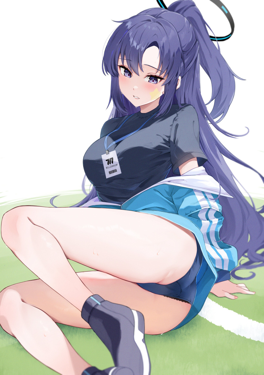 absurdres black_shirt blue_archive buruma halo highres jacket long_hair mechanical_halo meteor_(yamashou) panties_under_buruma purple_eyes purple_hair shirt star_sticker sweat thighs yuuka_(blue_archive) yuuka_(track)_(blue_archive)