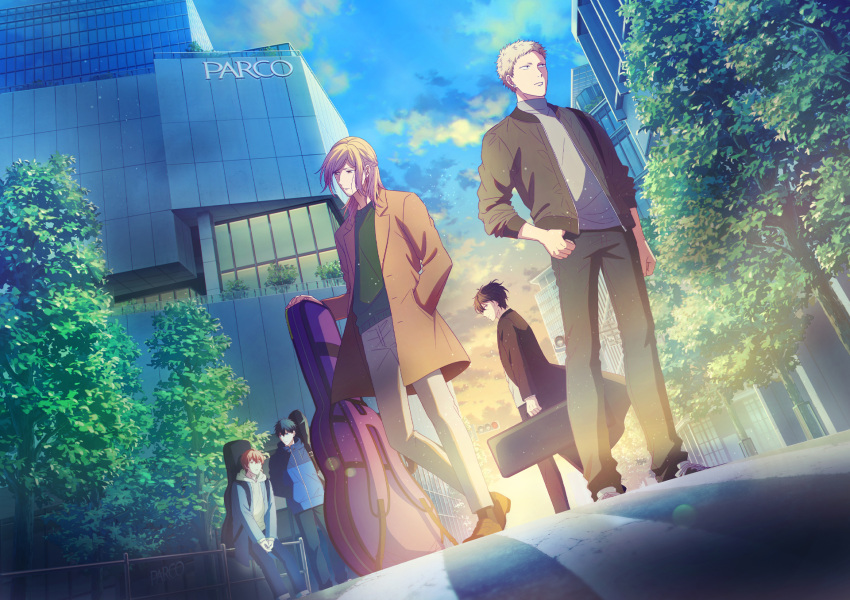 5boys black_jacket blonde_hair blue_jacket blue_sky briefcase brown_coat building cloud coat from_below full_body given gradient_sky guitar_case highres holding holding_briefcase hood hoodie instrument_case jacket jacket_over_hoodie kaji_akihiko mouth_piercing multiple_boys murata_ugetsu nakayama_haruki official_art oosawa_mina open_clothes open_coat open_jacket orange_hair road satou_mafuyu second-party_source sky street tree uenoyama_ritsuka white_hoodie yellow_sky