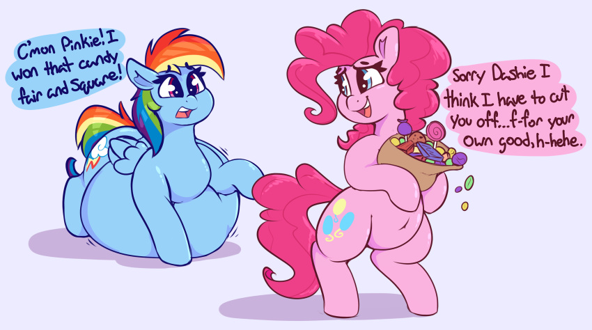 2020 bag belly big_belly blue_body blue_eyes blue_feathers candy cookie cutie_mark dessert dialogue digital_media_(artwork) duo earth_pony english_text equid equine eyebrows eyelashes feathered_wings feathers female feral folded_wings food friendship_is_magic graphenescloset hair hasbro hi_res holding_object horse lollipop mammal multicolored_hair multicolored_tail my_little_pony navel open_mouth overweight overweight_female overweight_feral pegasus pink_body pink_eyes pink_hair pink_tail pinkie_pie_(mlp) pony rainbow_dash_(mlp) rainbow_hair rainbow_tail standing tail text wings