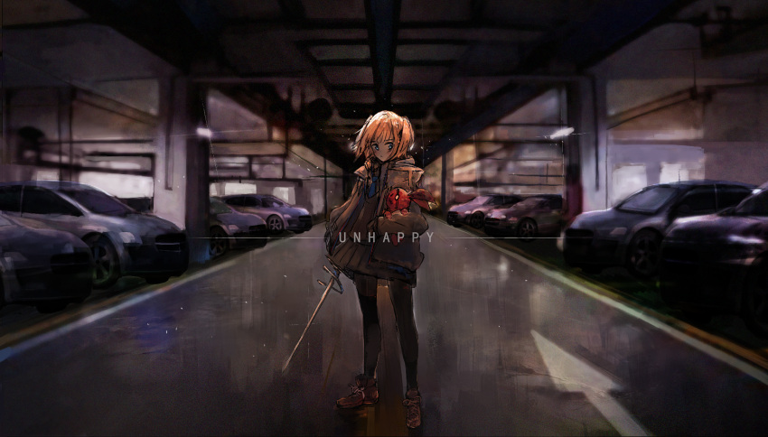 1girl axleaki black_jacket black_pantyhose black_shirt black_skirt blonde_hair blue_eyes blue_necktie blush brown_footwear car chinese_commentary commentary film_grain floating_hair holding holding_stuffed_toy holding_sword holding_weapon indoors jacket light_particles long_sleeves looking_at_viewer motor_vehicle necktie open_clothes open_jacket original pantyhose parking_garage pleated_skirt scenery shirt short_hair skirt solo sparkle standing stuffed_toy sword weapon wide_shot