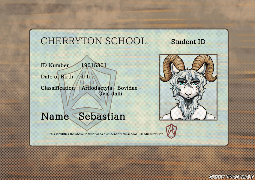 absurd_res anthro beastars bighorn_sheep blue_eyes bovid bust_portrait caprine clothed clothing colored crossdressing dall_sheep english_text fan_character fur girly hi_res horn id_card id_number identification insignia male mammal number portrait school_uniform sebastian_(greatlizardwizard) sheep smile solo student sunny_frostwolf text uniform white_body white_fur white_wool wool_(fur)