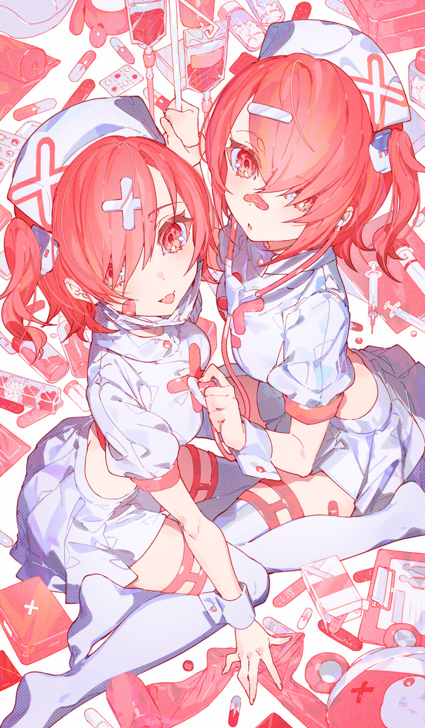2girls absurdres bandages bandaid bandaid_on_cheek bandaid_on_face bandaid_on_nose blood blood_bag blush box breasts clipboard crop_top full_body hair_ornament hair_over_one_eye hairclip halftone hand_up hat highres holding_stethoscope intravenous_drip iv_stand jar looking_at_viewer mask mask_pull medicine medium_breasts medium_hair midriff mika_pikazo miniskirt mouth_mask multiple_girls no_shoes nurse nurse_cap open_mouth original pill pink_eyes pink_hair pink_theme pleated_skirt shadow shirt short_sleeves sitting skirt stethoscope stuffed_animal stuffed_toy syringe teddy_bear thighhighs white_mask white_shirt white_skirt white_thighhighs wrist_cuffs x_hair_ornament zettai_ryouiki