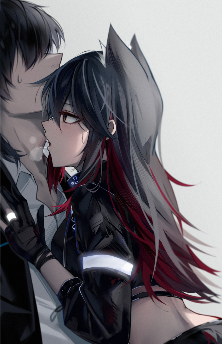 1boy 1girl absurdres animal_ear_fluff animal_ears arknights black_coat black_gloves black_hair breath coat crop_top doctor_(arknights) gloves highres leaning_on_person long_hair long_sleeves looking_at_another looking_up male_doctor_(arknights) midriff multicolored_hair open_mouth partially_fingerless_gloves red_hair shokuyou_koori streaked_hair texas_(arknights) two-tone_hair wolf_ears