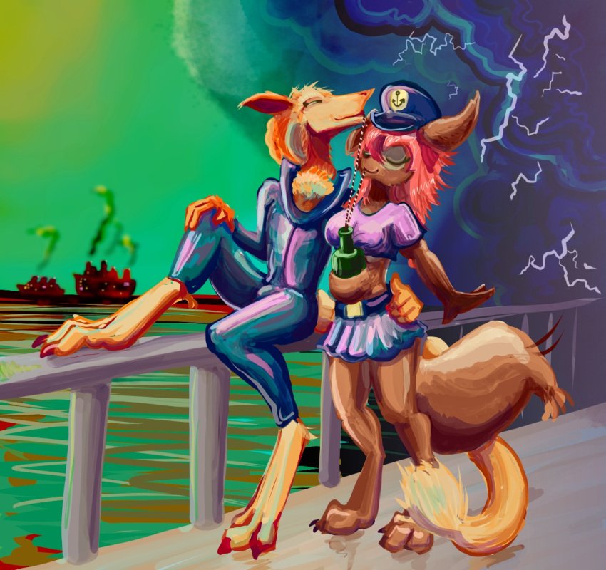 anthro canid canine captain_hat clothing drinking duo electricity embrace female hi_res hug hurricane hybrid kangaroo lightning love macropod male male/female mammal marsupial miyuka romantic romantic_couple rubber rubber_clothing rubber_suit sea sergal ship storm tama-tama vehicle water watercraft