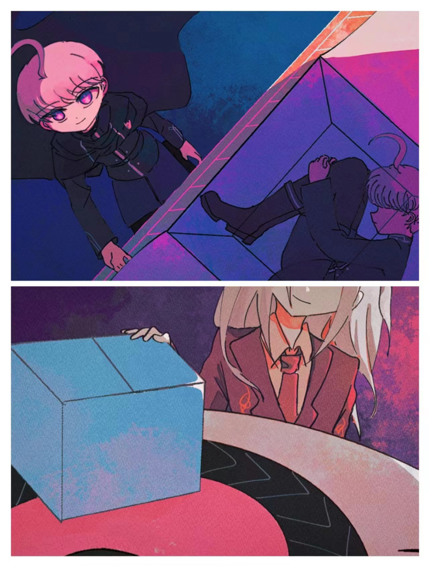 2boys ahoge blue_jacket box caddy_rain cape closed_mouth collared_shirt commentary highres hugging_own_legs in_box in_container jacket long_hair long_sleeves looking_at_viewer makoto_kagutsuchi male_focus master_detective_archives:_rain_code multiple_boys purple_eyes purple_hair purple_jacket shirt short_hair shorts smile white_shirt yuma_kokohead