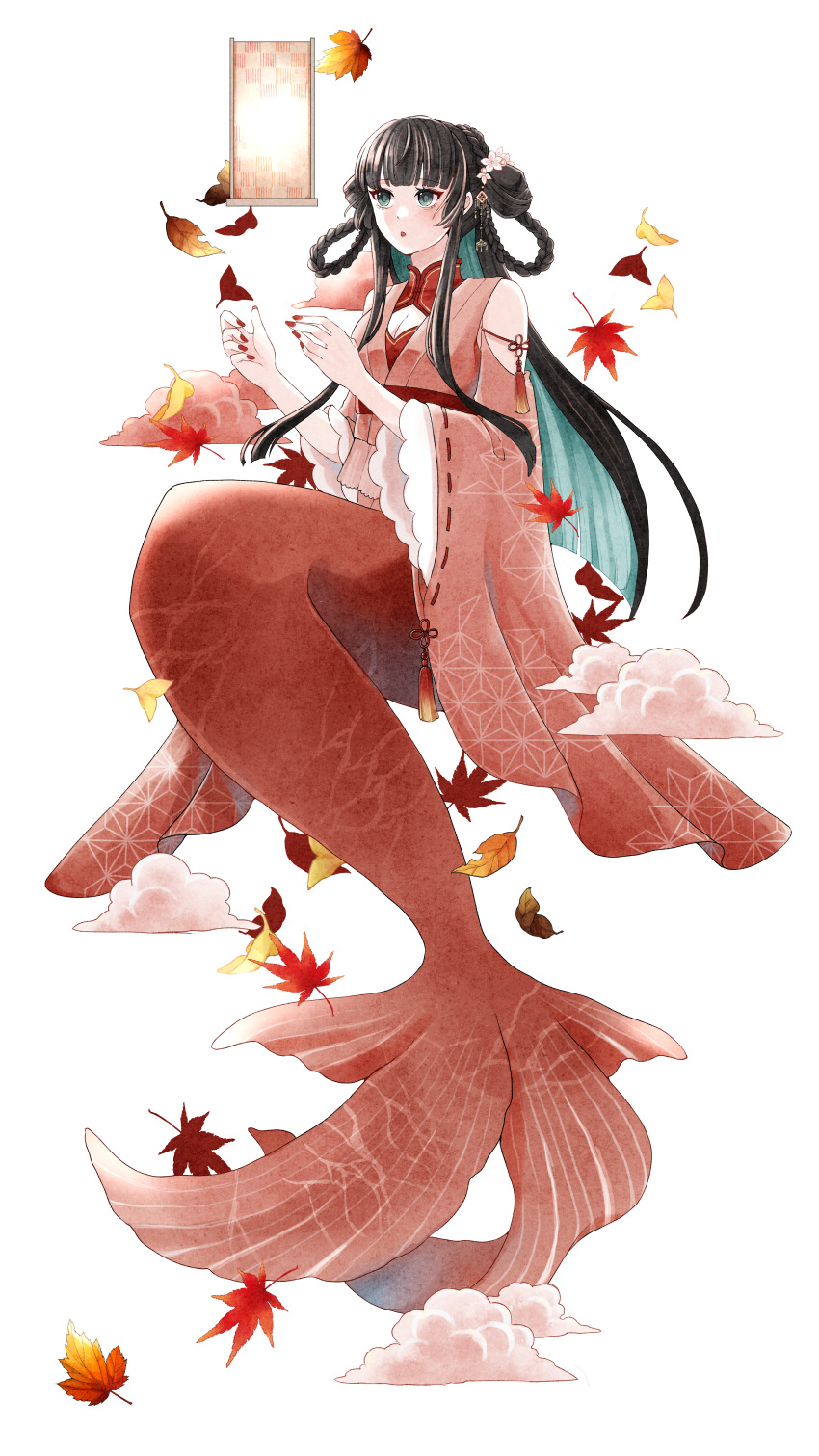 1girl absurdres aqua_eyes aqua_hair asa_no_ha_(pattern) autumn_leaves black_hair blunt_bangs blunt_ends braided_hair_rings chinese_knot cleavage_cutout clothing_cutout clothing_request cloud cocoroppy colored_inner_hair double_bun falling_leaves full_body hair_bun highres japanese_clothes kimono lantern leaf long_hair long_sleeves maple_leaf mermaid monster_girl multicolored_hair nail_polish original parted_lips pink_kimono red_nails ribbon-trimmed_sleeves ribbon_trim short_kimono shoulder_cutout sidelocks simple_background sitting solo straight_hair tassel white_background wide_sleeves